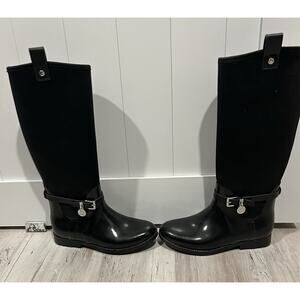 Michael Kors Rain Boots Size 6 Black Rubber & Neoprene. MK Silver Charm Logo.